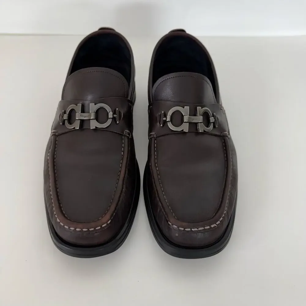 Ferragamo David Gancini Bit Leather Loafers Lug Sole Slip-On Shoes Mens 12D